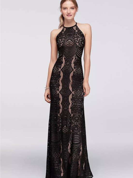 Morgan & Co. Dresses & Skirts - Morgan & Co. Black Lace Maxi Dress with Nude Underlay